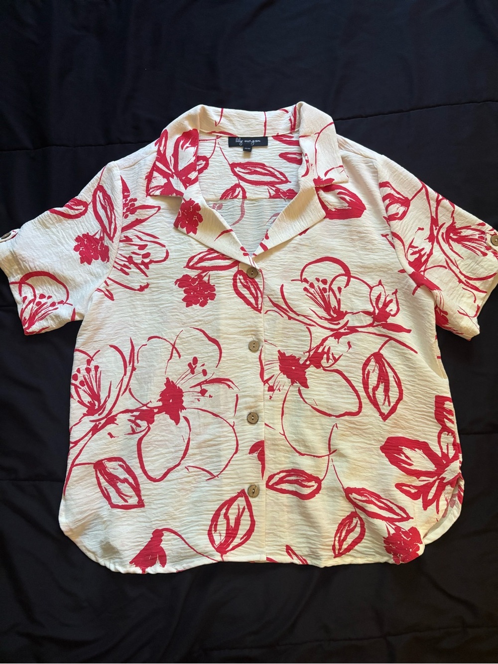 red and white floral blouse
